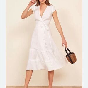 Reformation White Wrap Midi Dress with Tie Waist